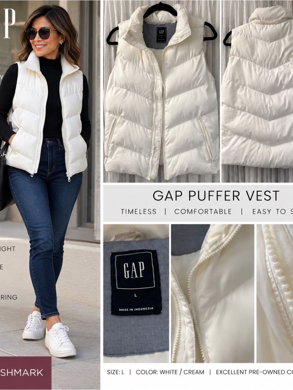 GAP White Puffer Vest L Quilted Zip Up Cozy